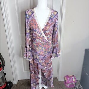 Bohemian Gypsy Wrap Dress with Crochet Trim